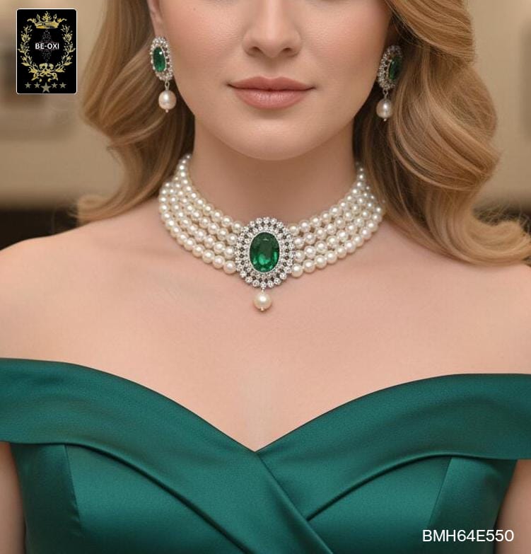 BMH64E550 GREEN STONE PEARL CHOKER