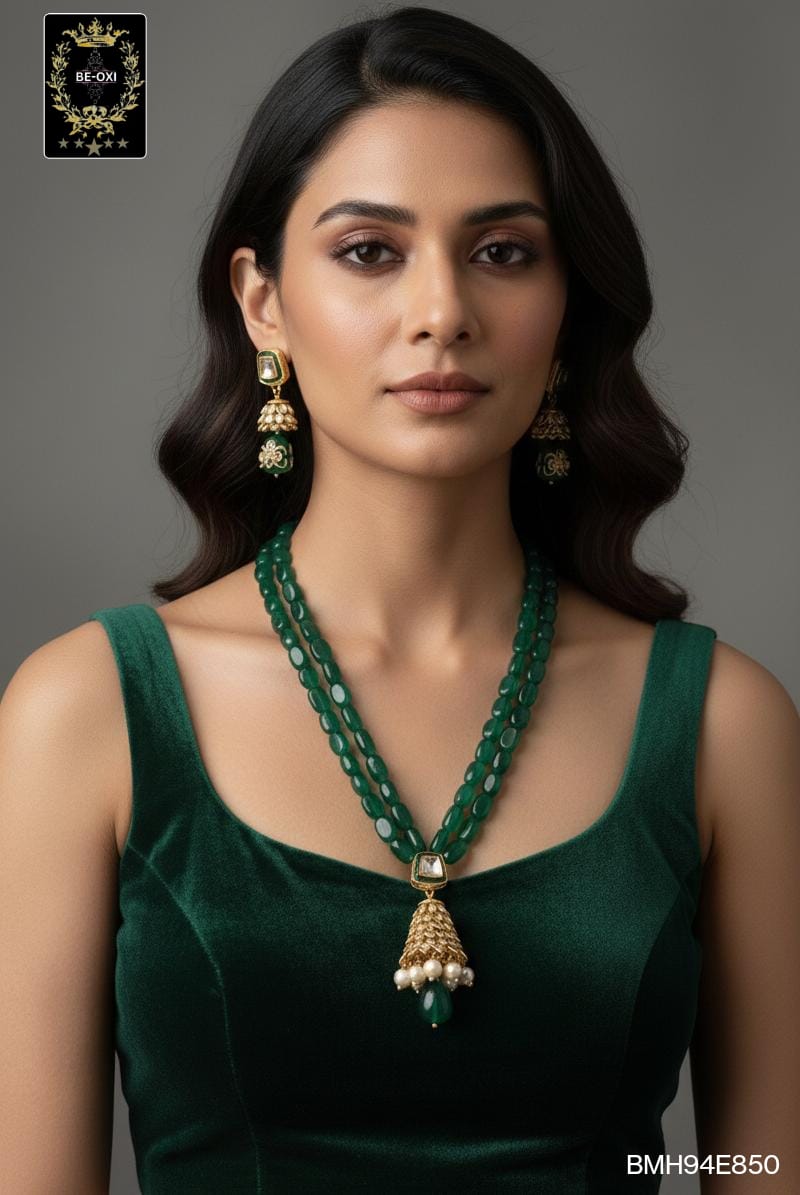 BMH94E899 GREEN ORIGINAL BEADS KUNDAN LONG