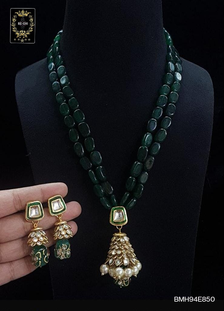 BMH94E899 GREEN ORIGINAL BEADS KUNDAN LONG