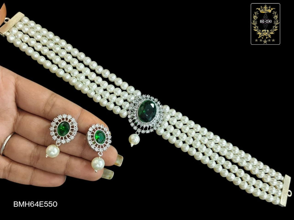 BMH64E550 GREEN STONE PEARL CHOKER
