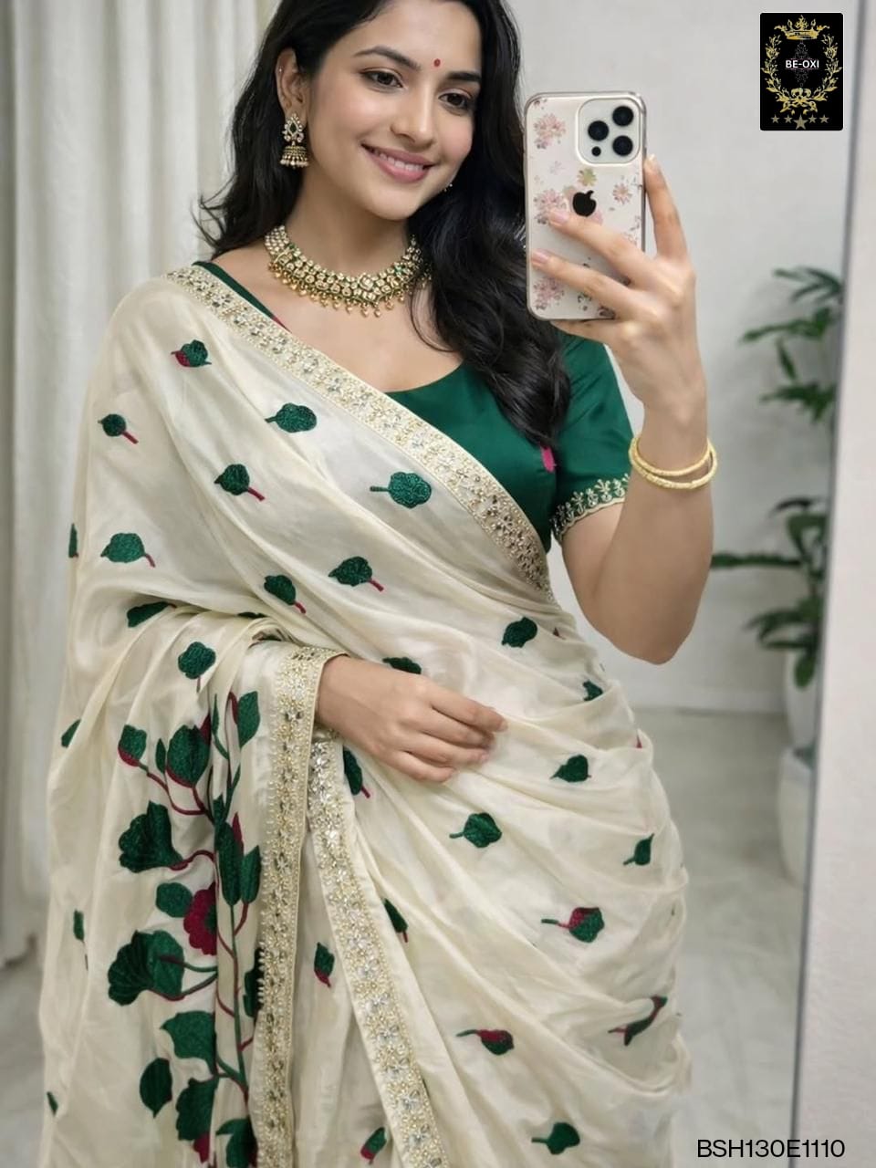 BSH130E1110 Rangoli silk with embroidery 🪡 work and mirror work Green