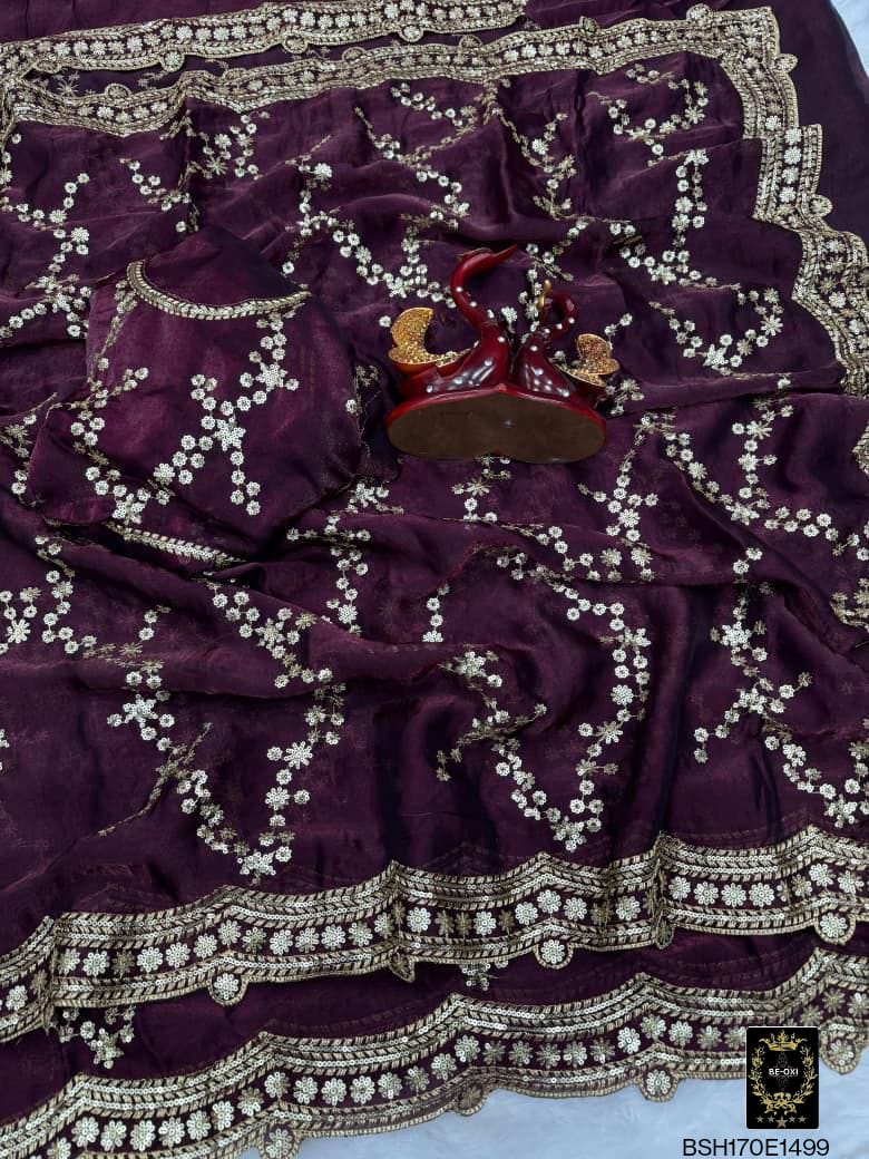 BSH170E1499 Space satin Saree with Sequence Embroidery Purple