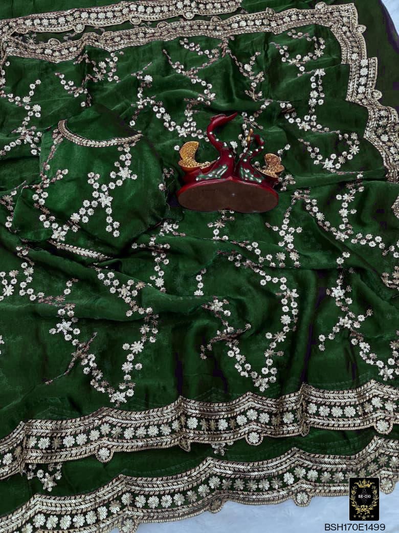 BSH170E1499 Space Satin Saree with Sequence Embroidery B Green
