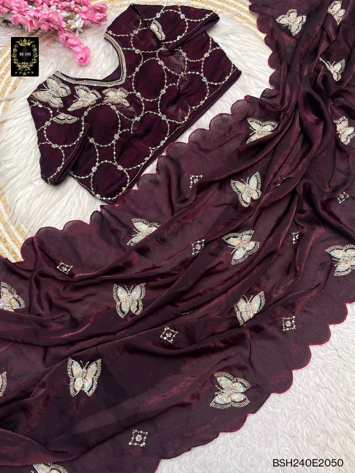 BSH240E2050 Fendy Satin Premium Designer Saree C2 Chocolate
