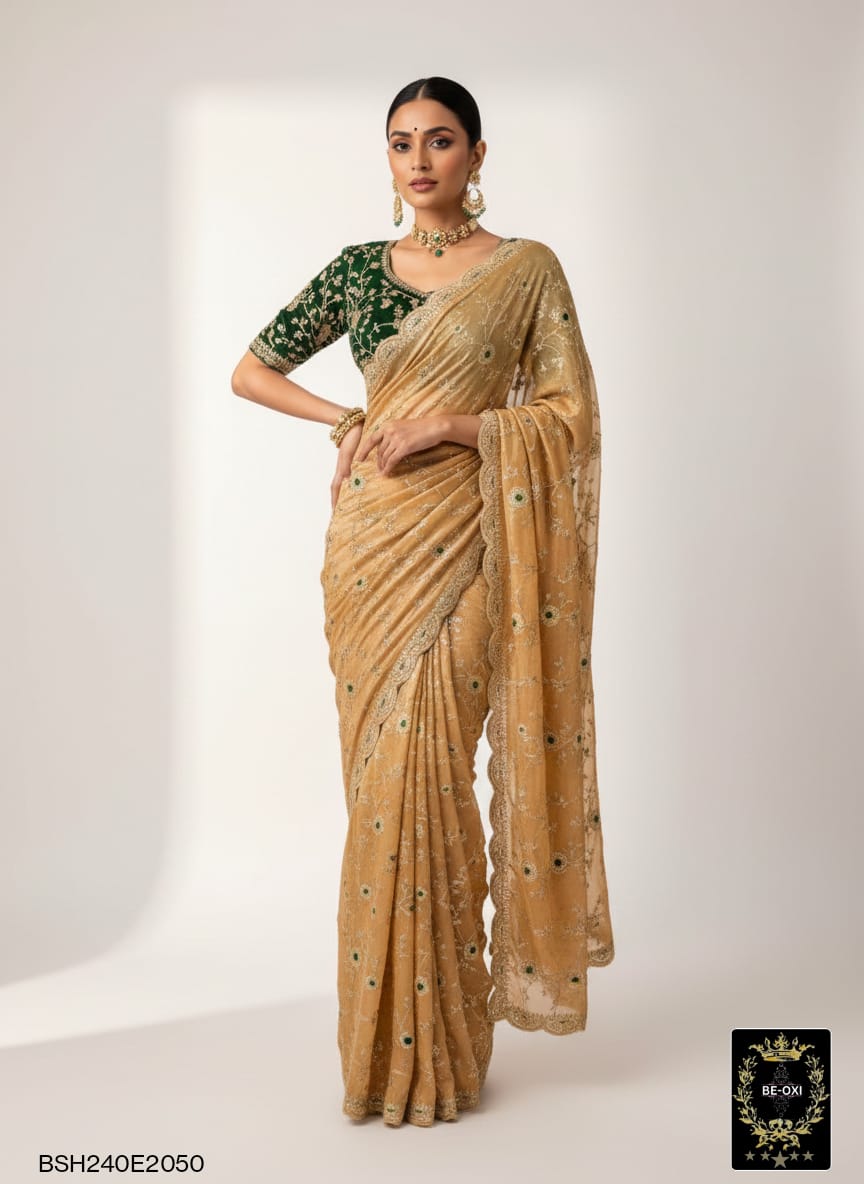 BSH240E2050 Fendy Satin Premium Designer Saree. Hand work and cut work all over Yellow