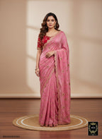 BSH240E2050 Fendy Satin Premium Designer Saree. Hand work and cut work all over Pink