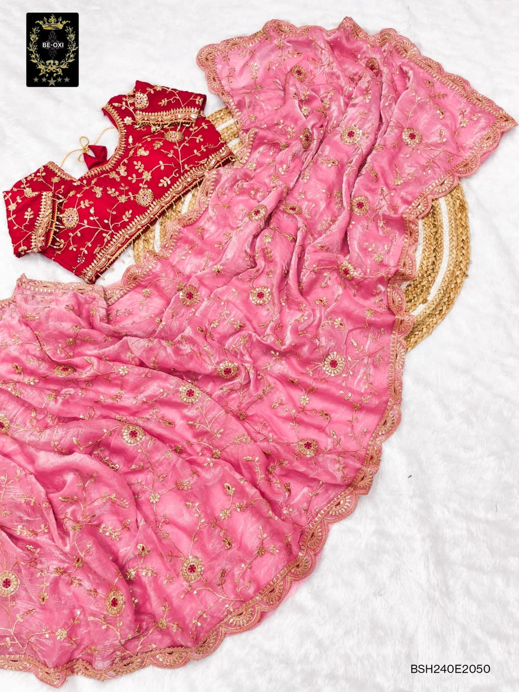 BSH240E2050 Fendy Satin Premium Designer Saree. Hand work and cut work all over Pink