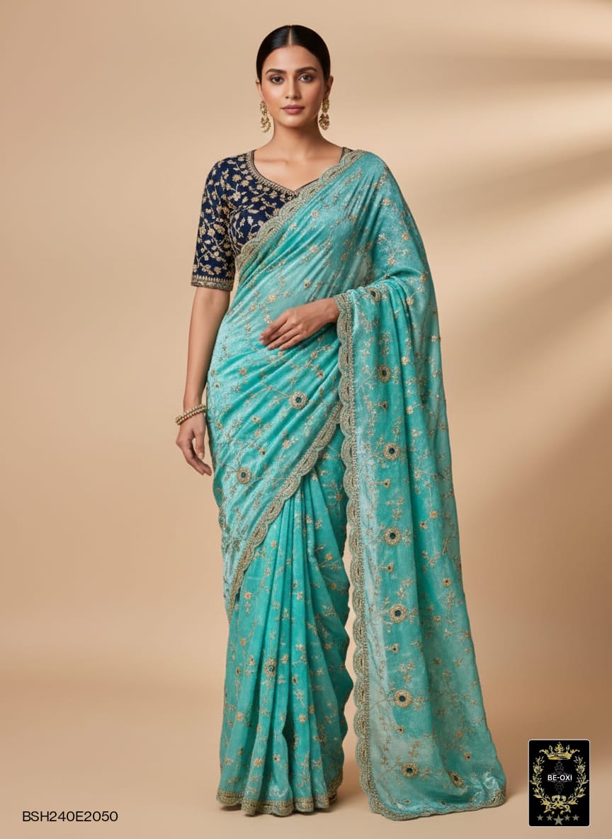 BSH240E2050 Fendy Satin Premium Designer Saree. Hand work and cut work all over Mint
