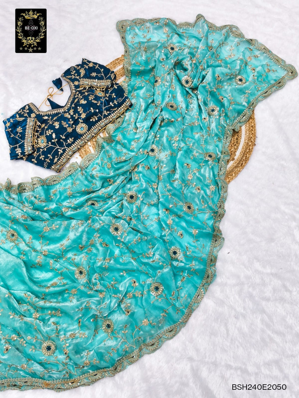 BSH240E2050 Fendy Satin Premium Designer Saree. Hand work and cut work all over Mint