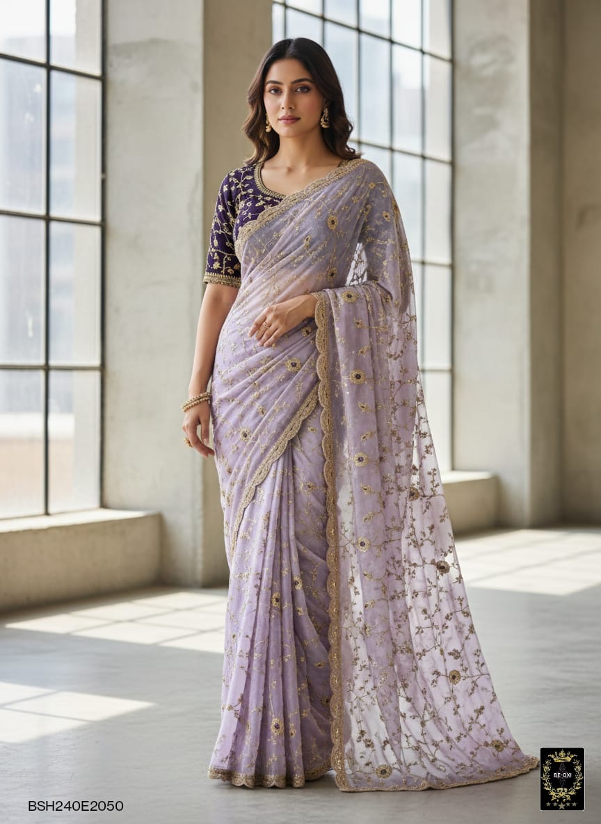 BSH240E2050 Fendy Satin Premium Designer Saree. Hand work and cut work all over Lavender