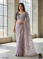 BSH240E2050 Fendy Satin Premium Designer Saree. Hand work and cut work all over Lavender