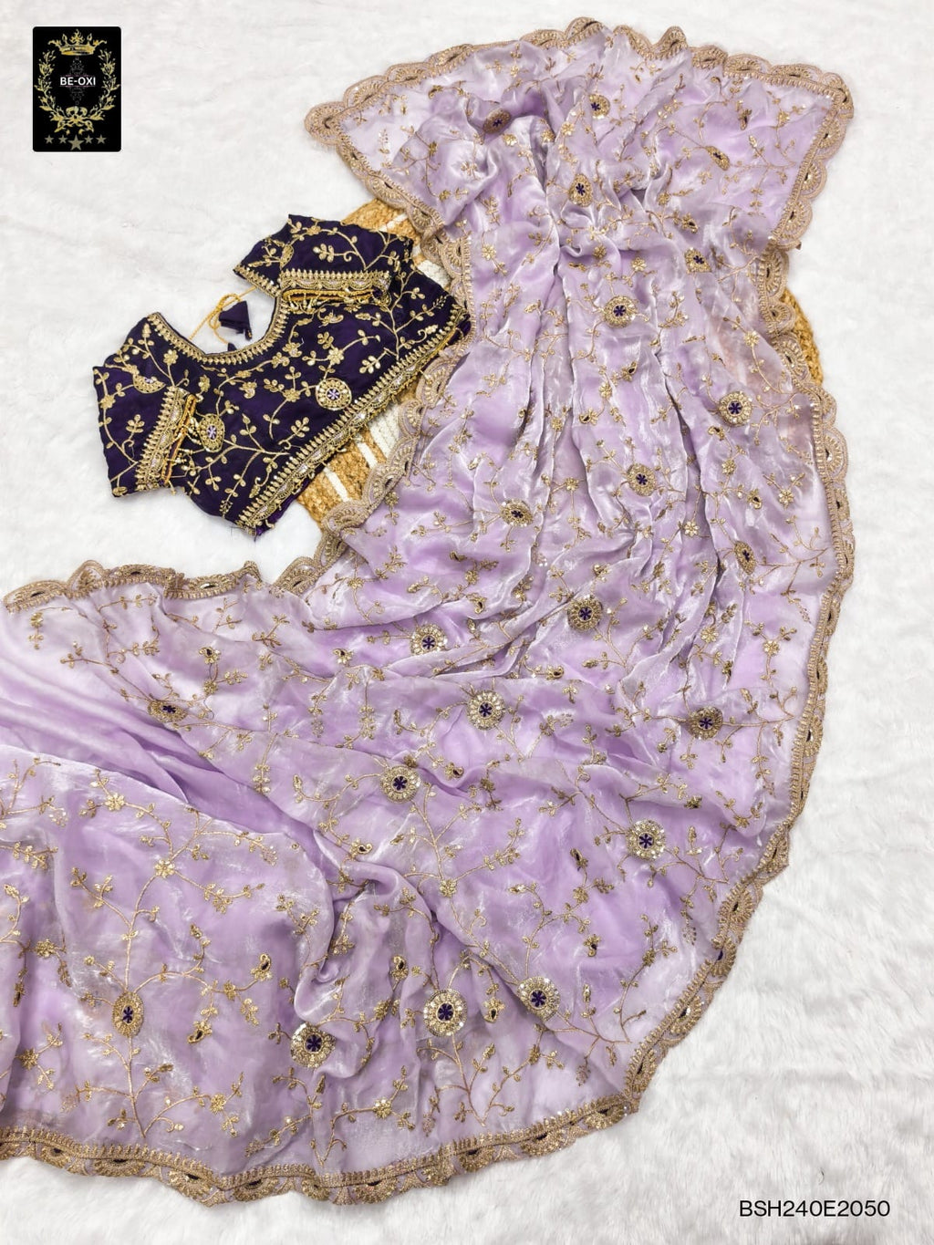 BSH240E2050 Fendy Satin Premium Designer Saree. Hand work and cut work all over Lavender