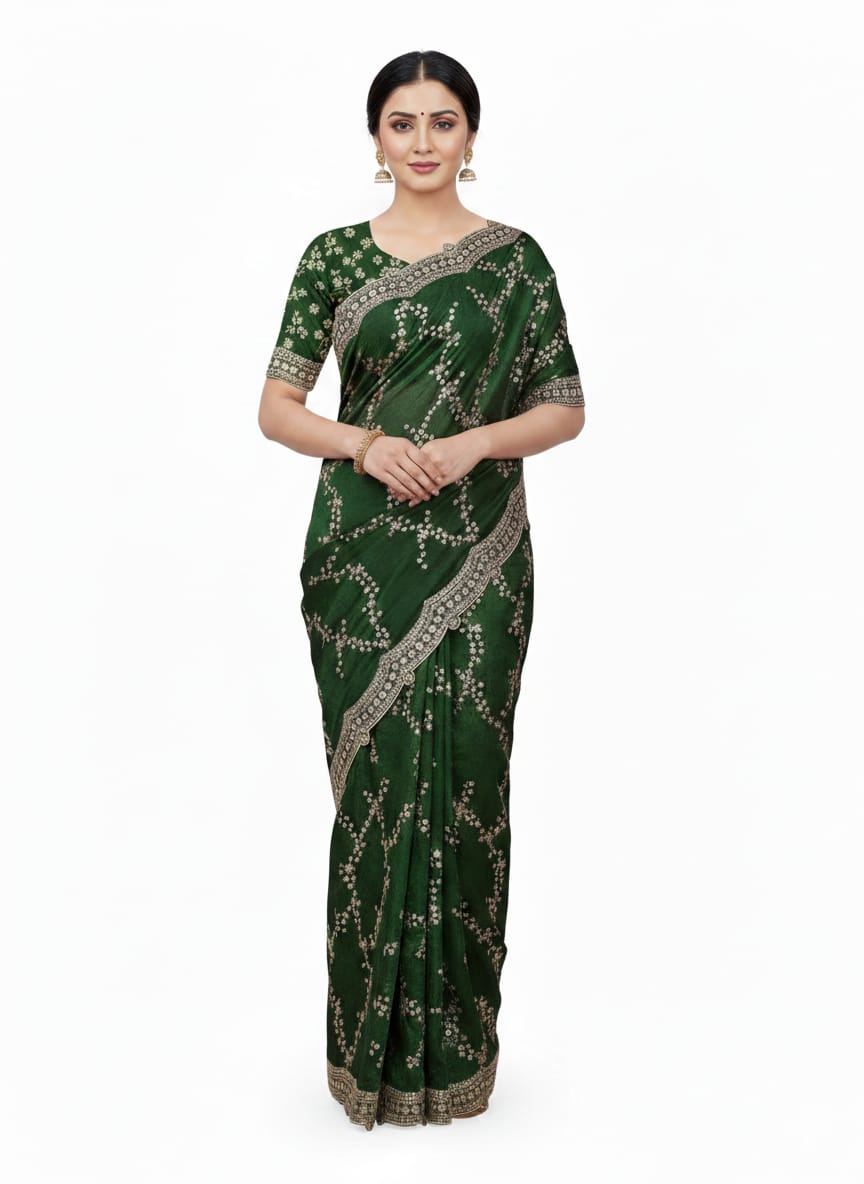 BSH170E1499 Space Satin Saree with Sequence Embroidery B Green