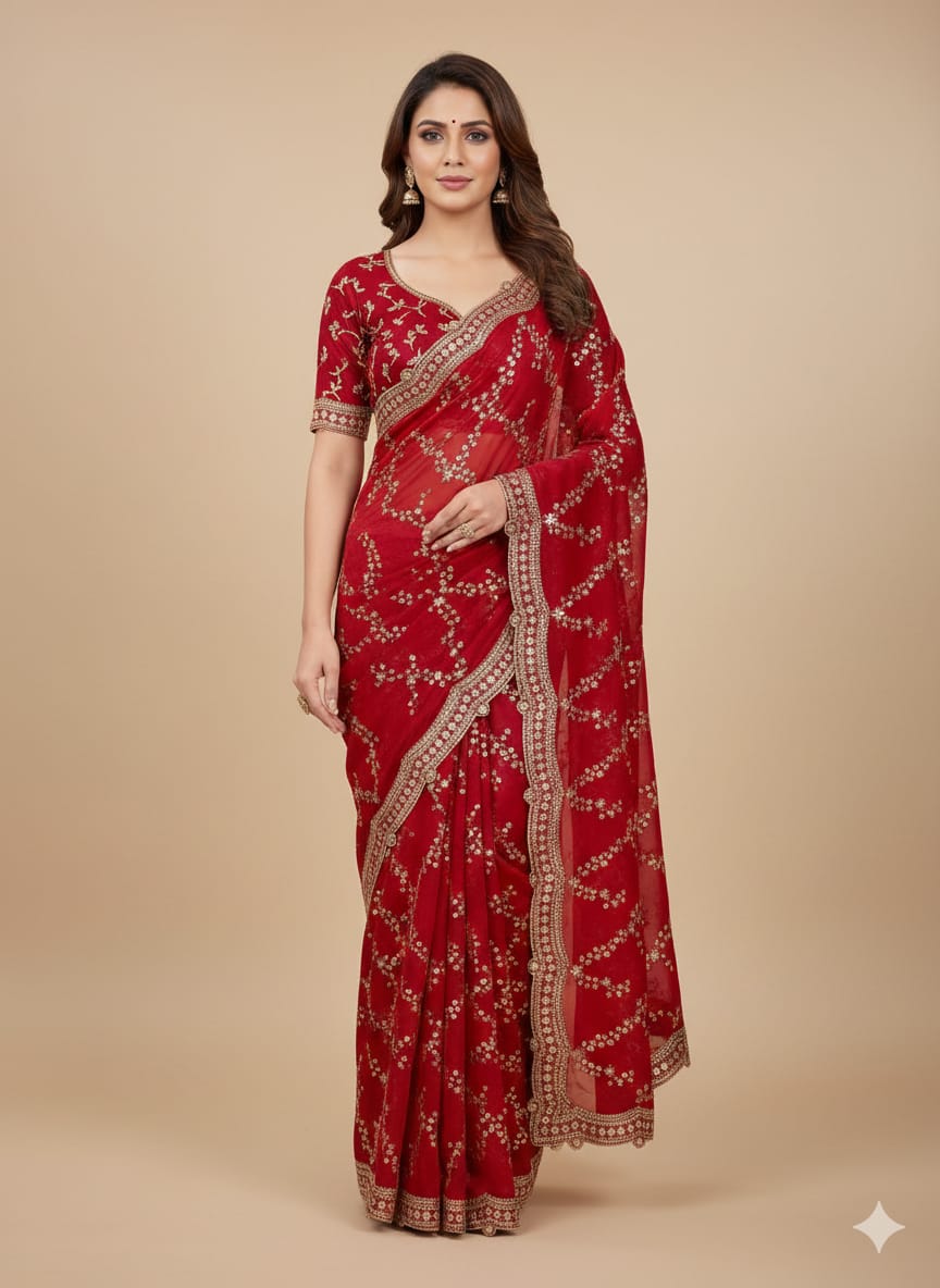 BSH170E1499 Space satin Saree with Sequence Embroidery Red