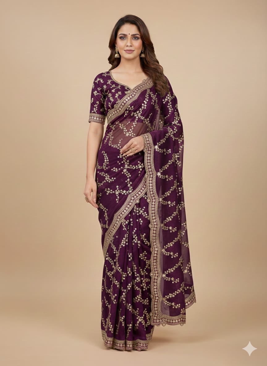 BSH170E1499 Space Satin Saree with Sequence Embroidery Purple
